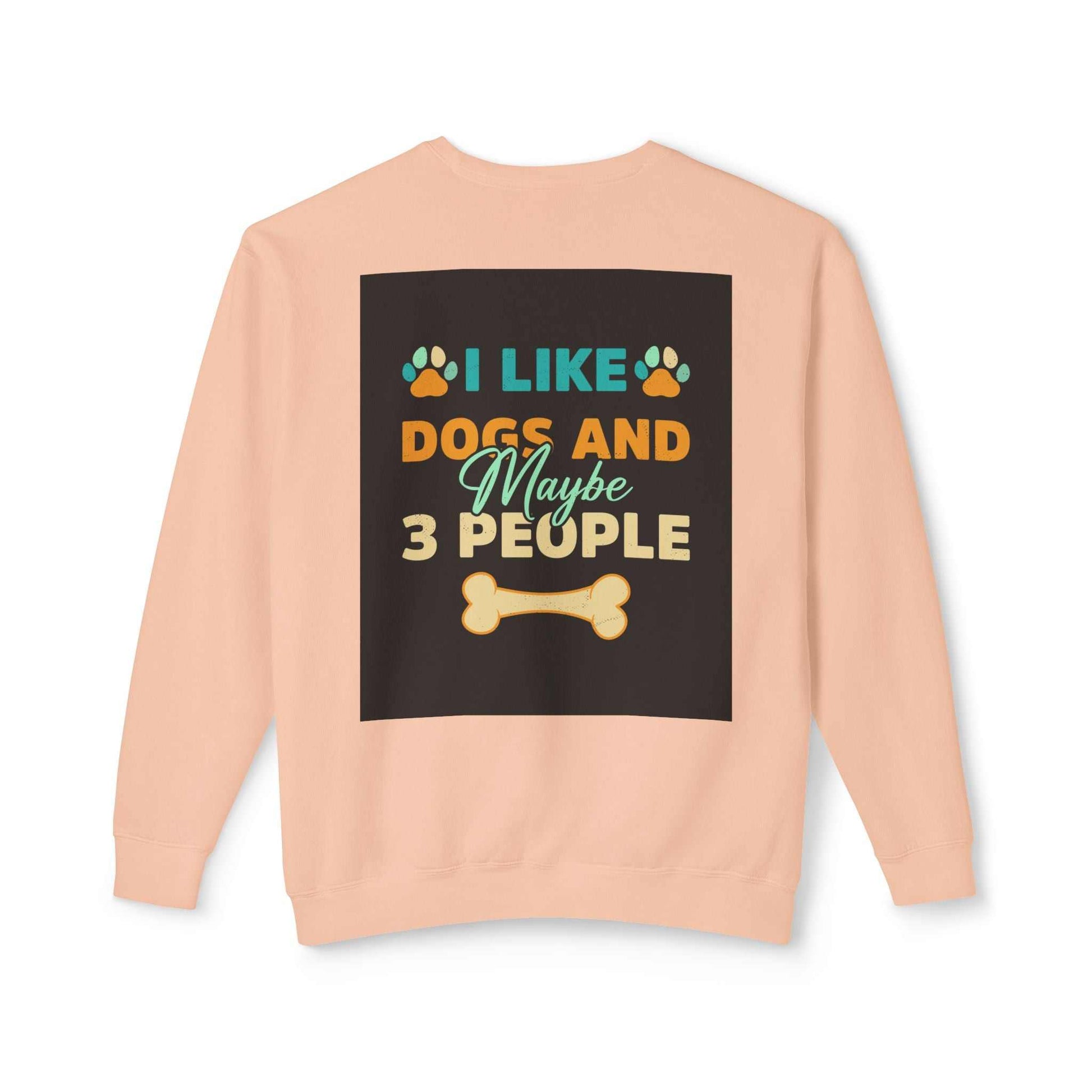Unisex lightweight crewneck sweatshirt in peach with dog-themed graphic and text.