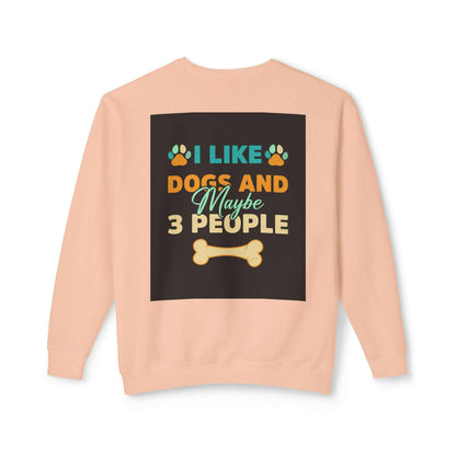 Unisex lightweight crewneck sweatshirt in peach with dog-themed graphic and text.