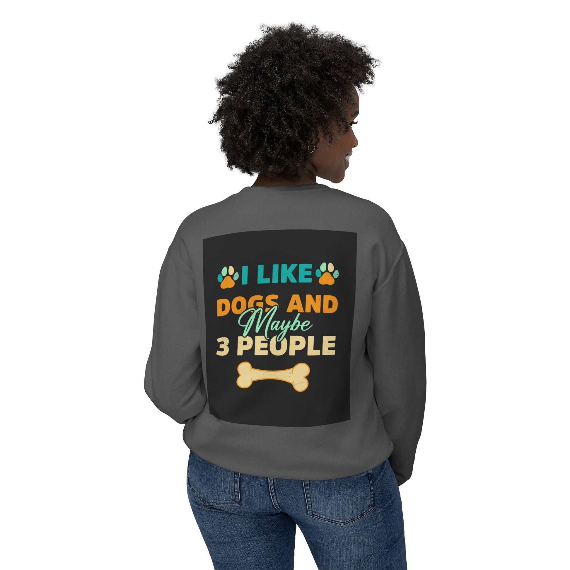 Unisex Lightweight Crewneck Sweatshirt in dark grey with humorous text graphic on back.