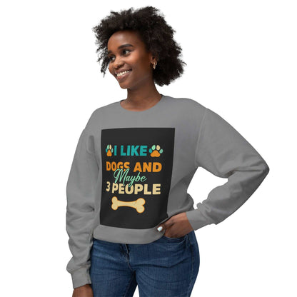 Unisex Lightweight Crewneck Sweatshirt in gray with playful "I Like Dogs and Maybe 3 People" graphic design.