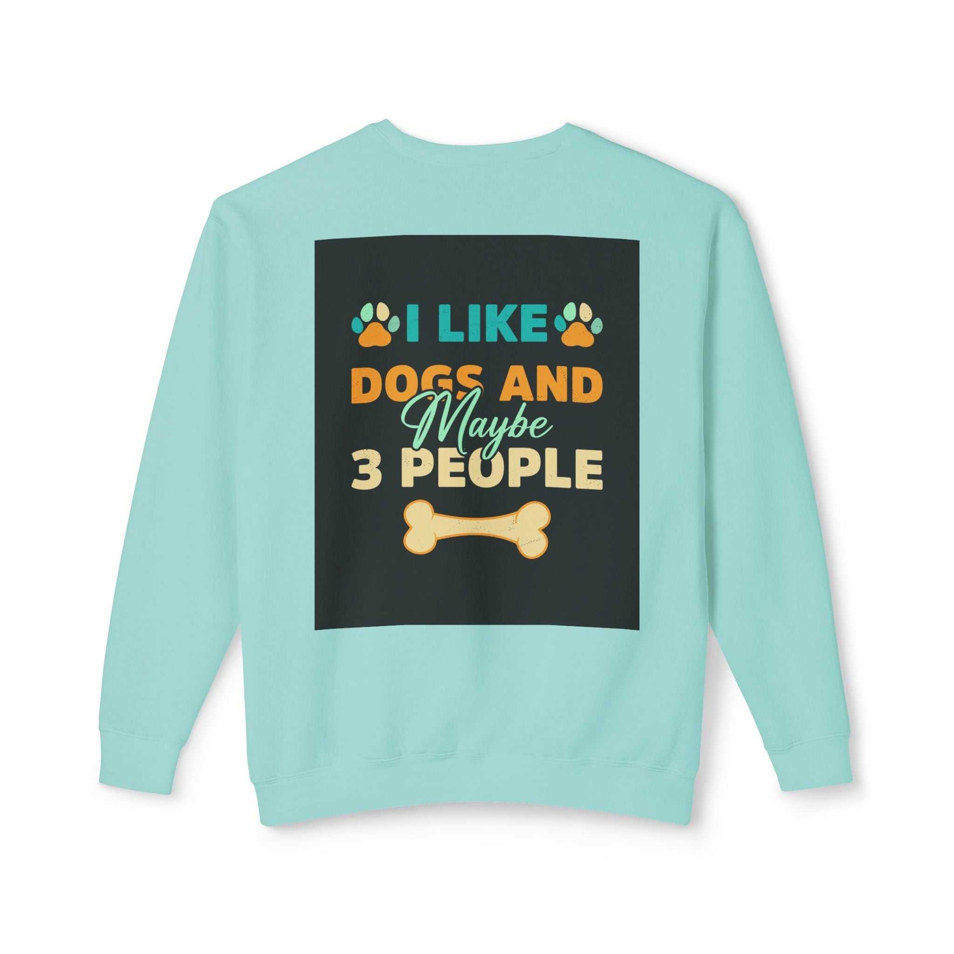 Unisex Lightweight Crewneck Sweatshirt with "I Like Dogs and Maybe 3 People" graphic, soft ring-spun cotton, sustainable fabric.