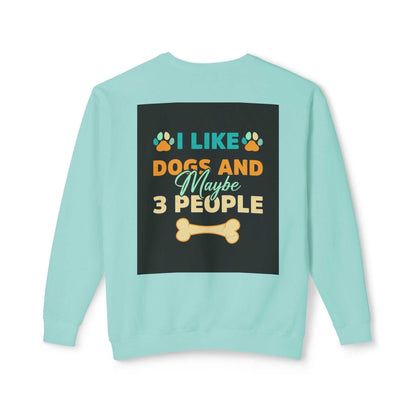 Unisex Lightweight Crewneck Sweatshirt with "I Like Dogs and Maybe 3 People" graphic, soft ring-spun cotton, sustainable fabric.