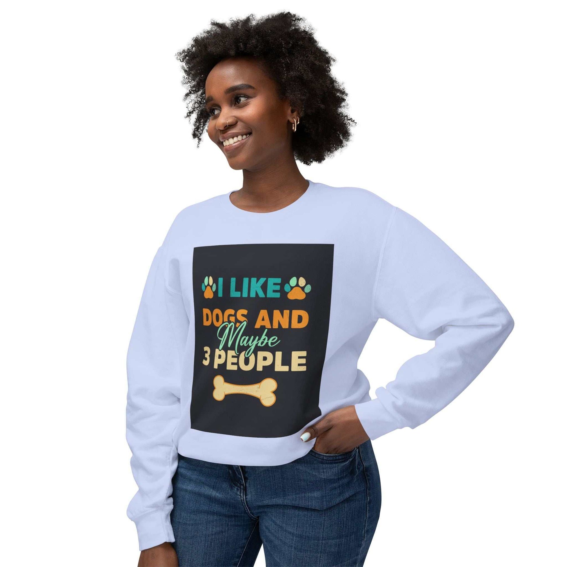 Unisex lightweight crewneck sweatshirt with playful dog-themed design, worn by smiling person.