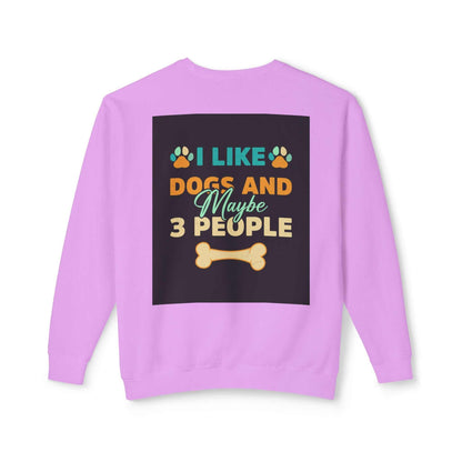 Unisex Lightweight Crewneck Sweatshirt with humorous "I Like Dogs and Maybe 3 People" graphic in purple.
