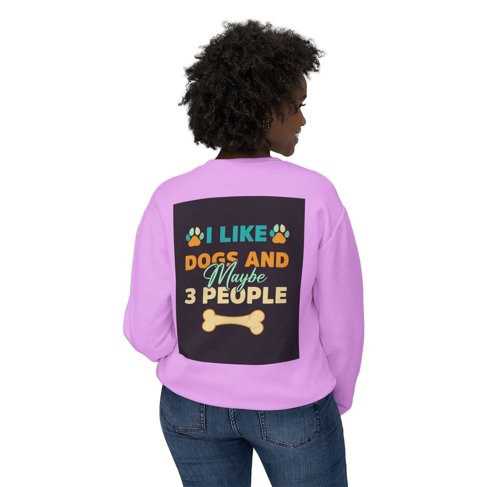Unisex lightweight crewneck sweatshirt with paw print graphic and "I Like Dogs and Maybe 3 People" text.