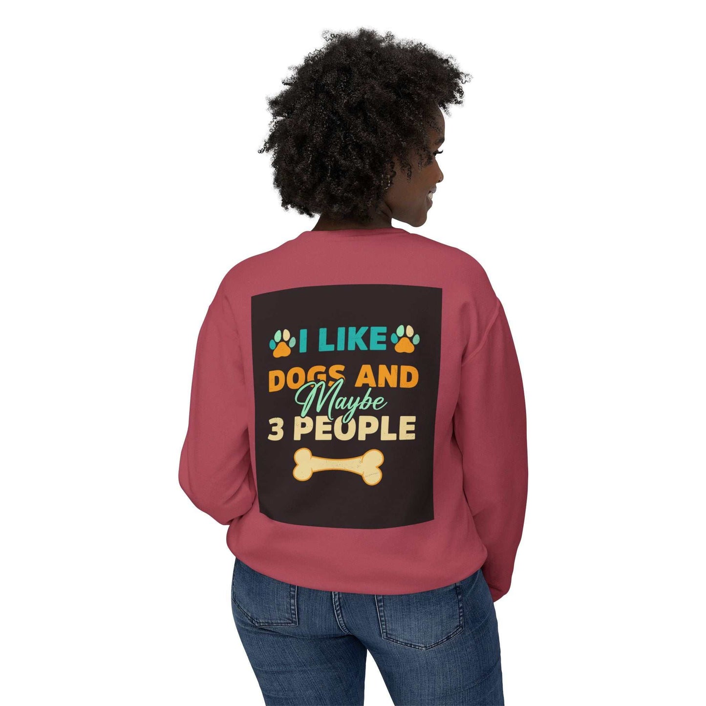 Unisex lightweight crewneck sweatshirt with dog-themed print on back.