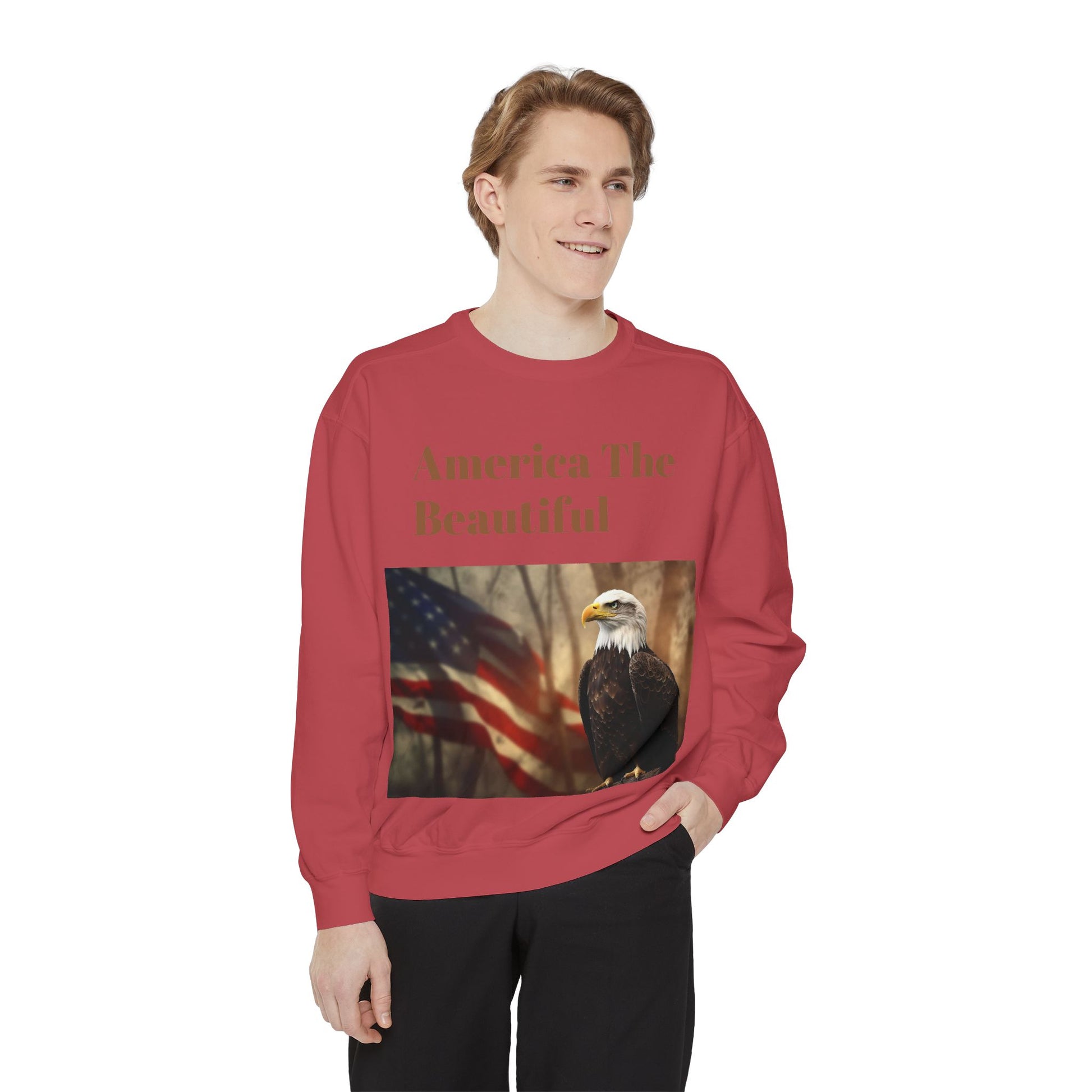 Unisex Garment-Dyed Sweatshirt America The Beautiful and The American Flag and a Bald eagle perfect gift for Freedom fighters and nature lovers - Toddcraft