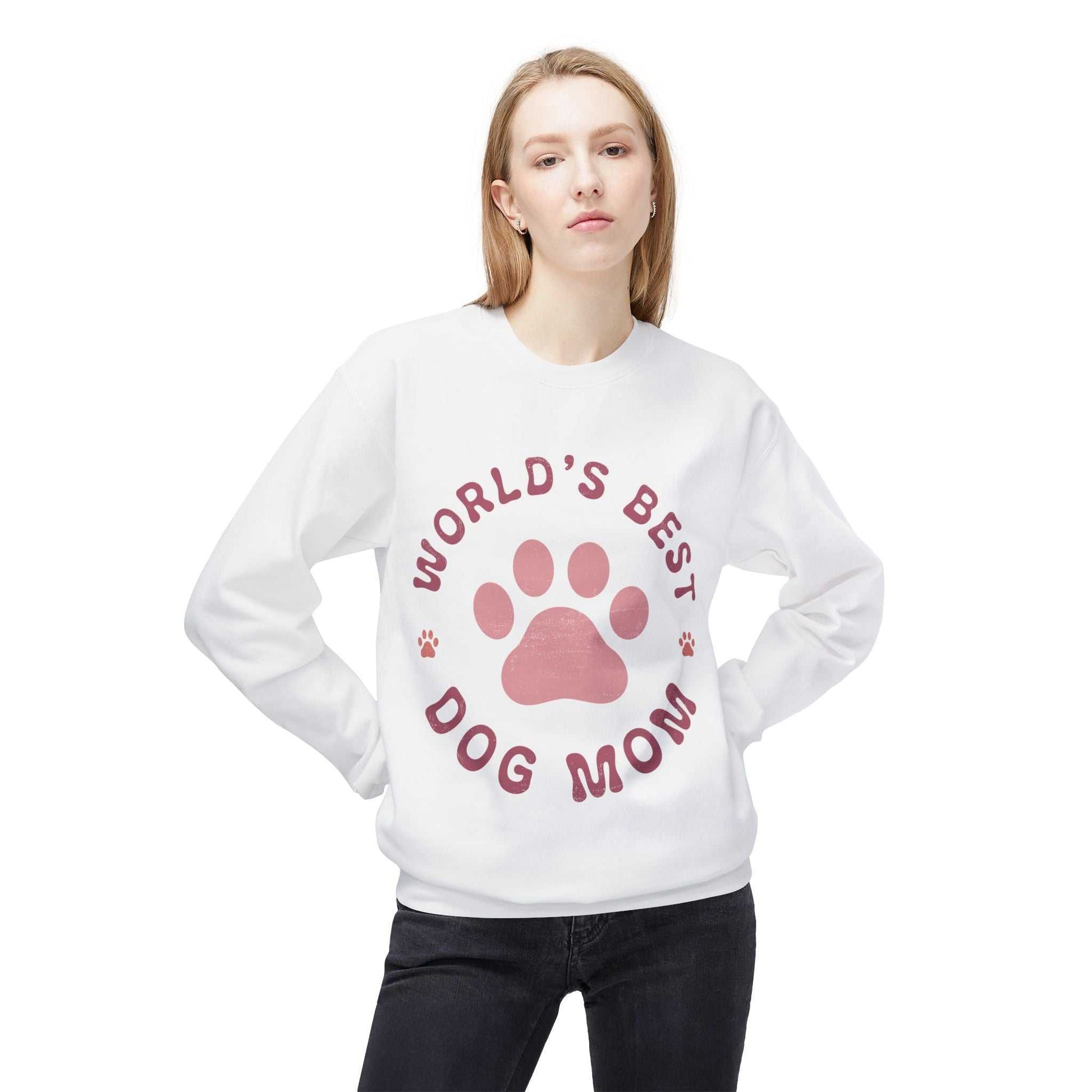 Unisex midweight softstyle fleece crewneck sweatshirt with "World's Best Dog Mom" text and paw print design.