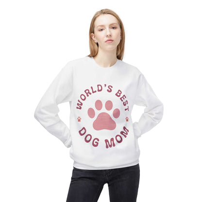 Unisex midweight softstyle fleece crewneck sweatshirt with "World's Best Dog Mom" text and paw print design.