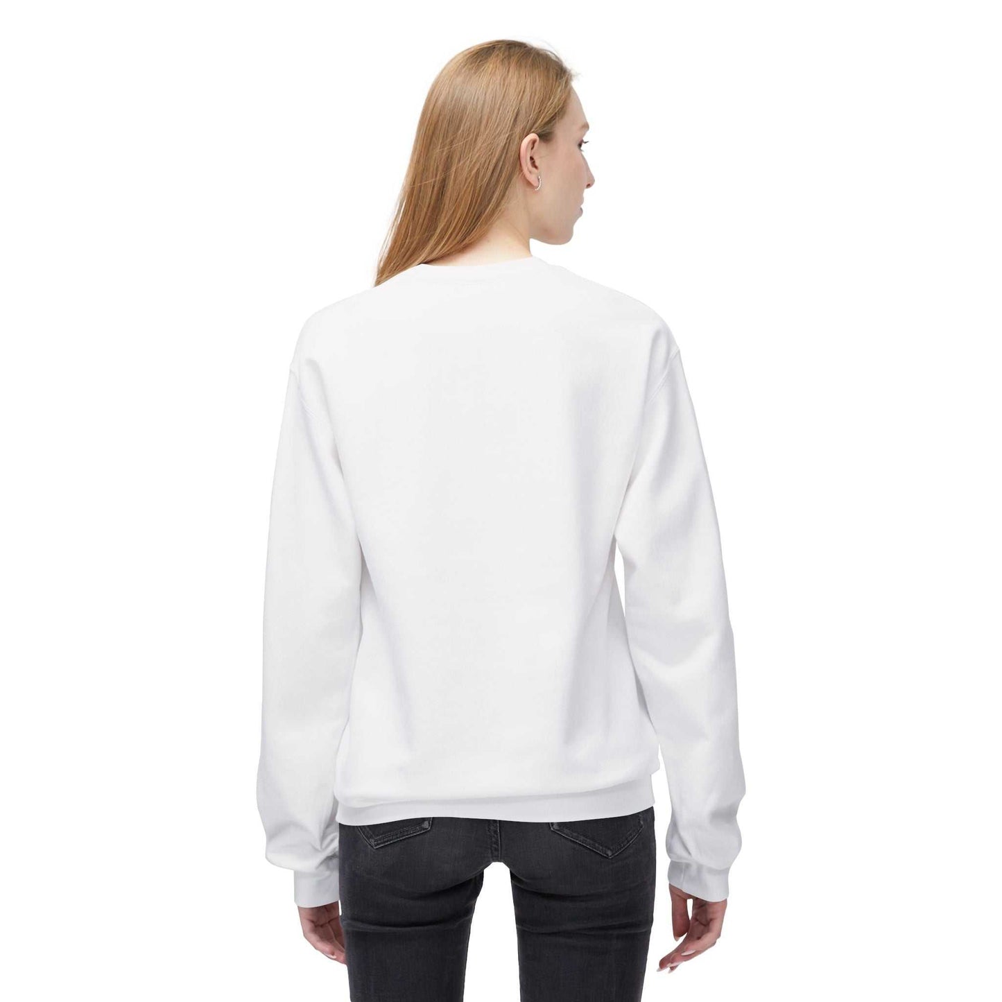 Unisex midweight softstyle fleece crewneck sweatshirt in white, featuring a dropped shoulder design and relaxed fit.