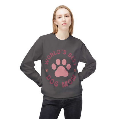 Unisex Midweight Softstyle Fleece Crewneck Sweatshirt with "World's Best Dog Mom" design.