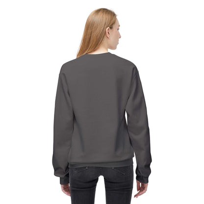 Unisex midweight softstyle fleece crewneck sweatshirt in dark gray, back view.