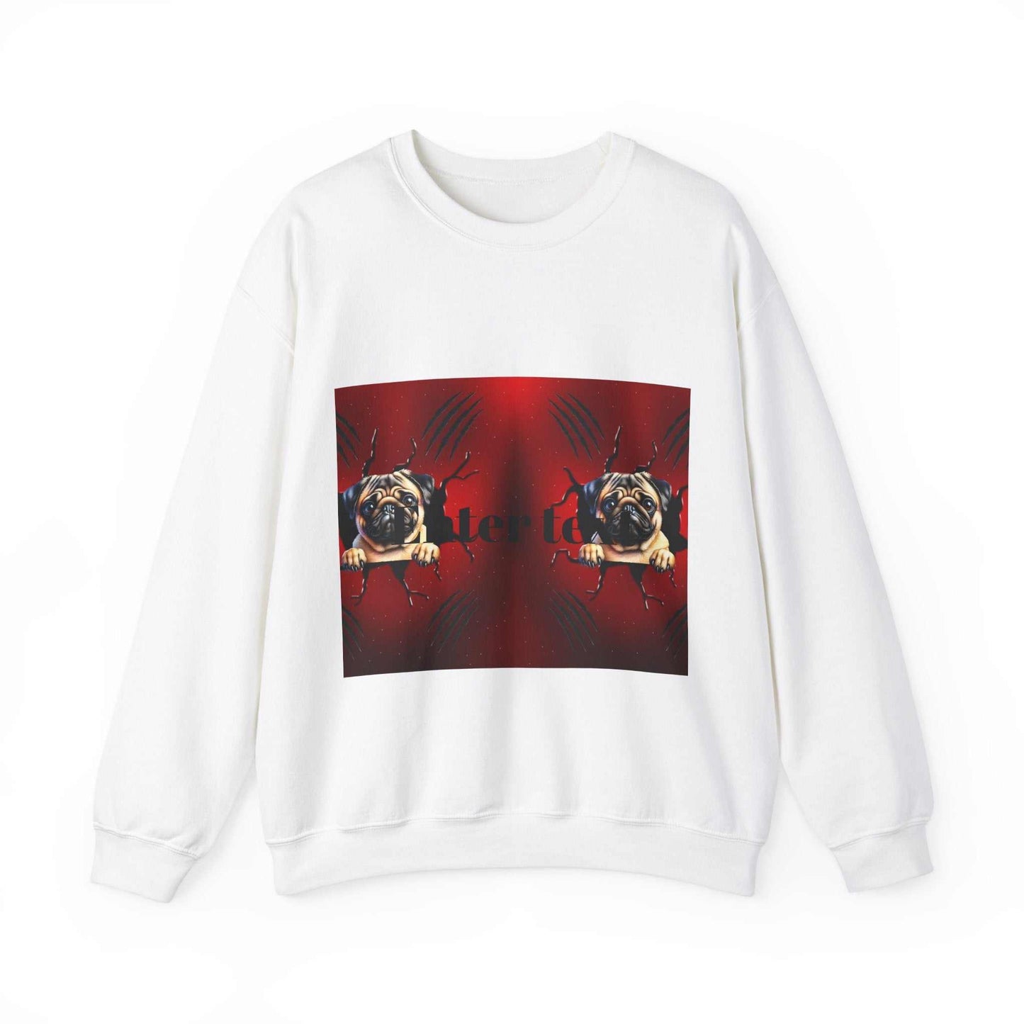 White sweatshirt featuring a pug dog graphic, perfect for dog lovers.
