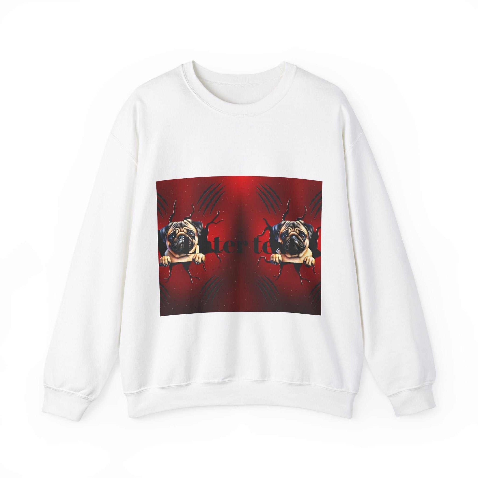 White sweatshirt featuring a pug dog graphic, perfect for dog lovers.