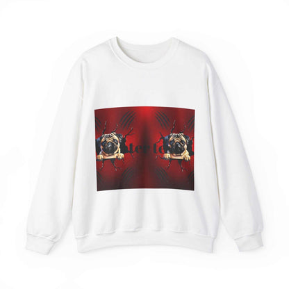White sweatshirt featuring a pug dog graphic, perfect for dog lovers.