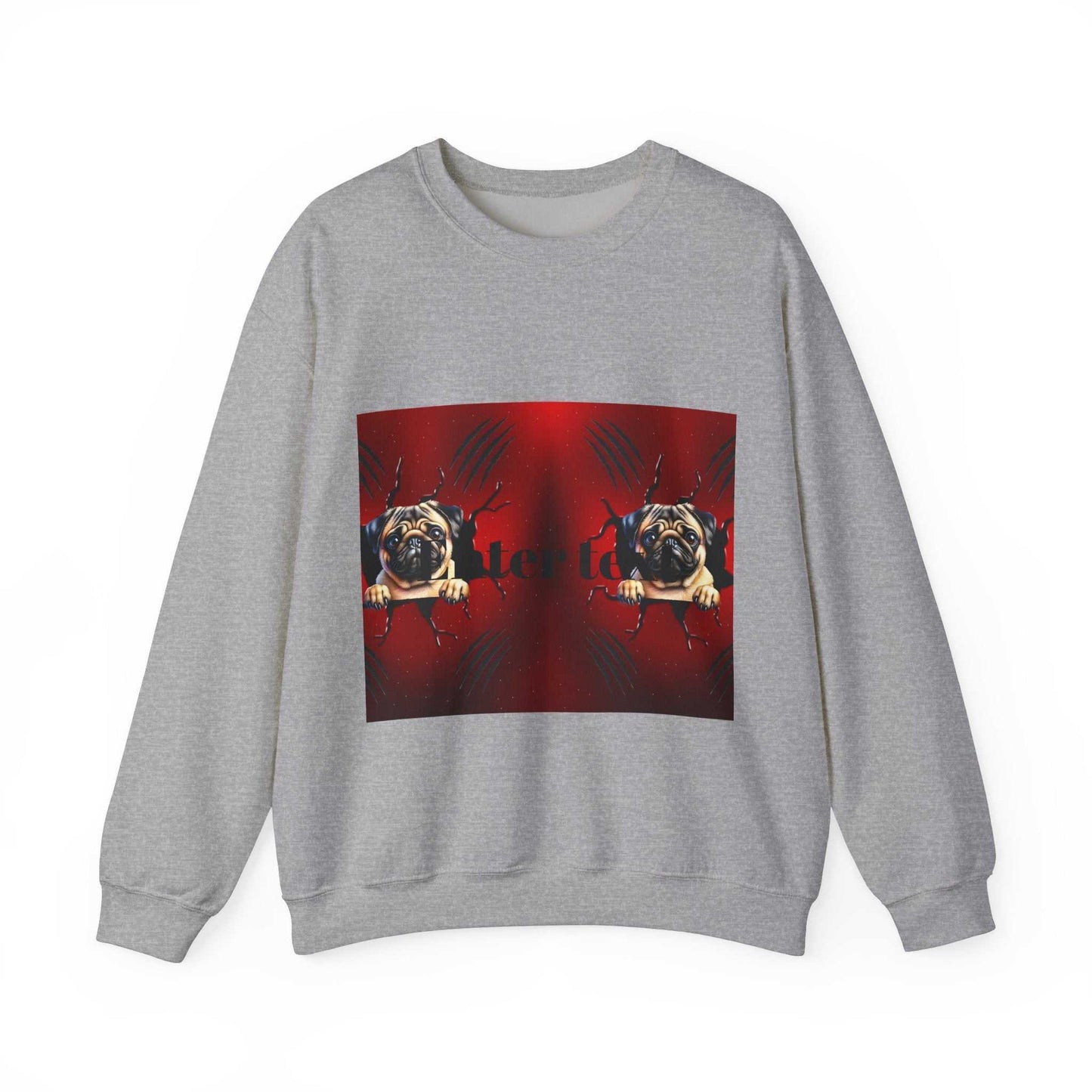 Grey pug dog sweatshirt with playful design and ribbed knit collar, perfect for casual wear and colder months.