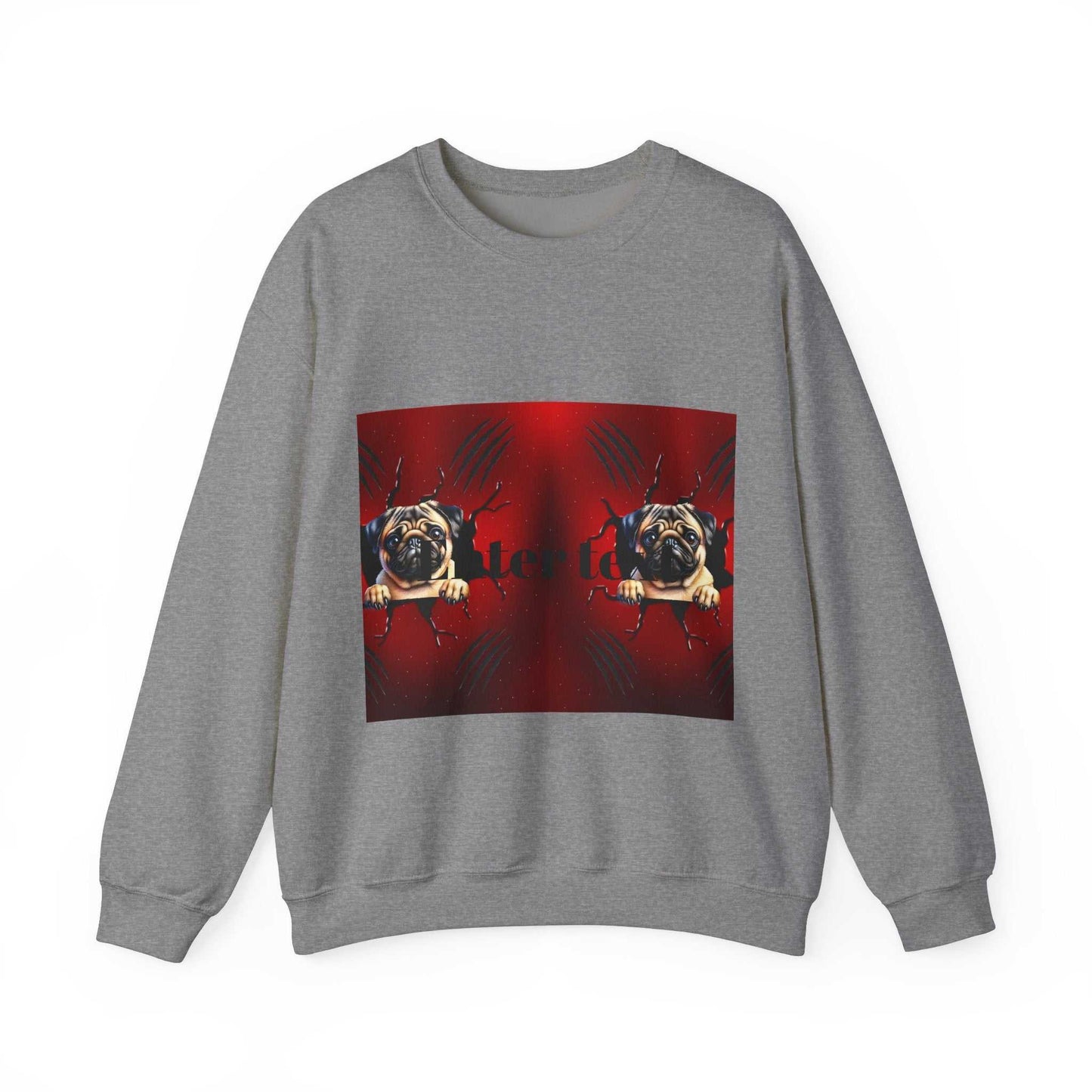 Gray sweatshirt with a pug dog design on the front, perfect for dog lovers; made from a cozy cotton blend.