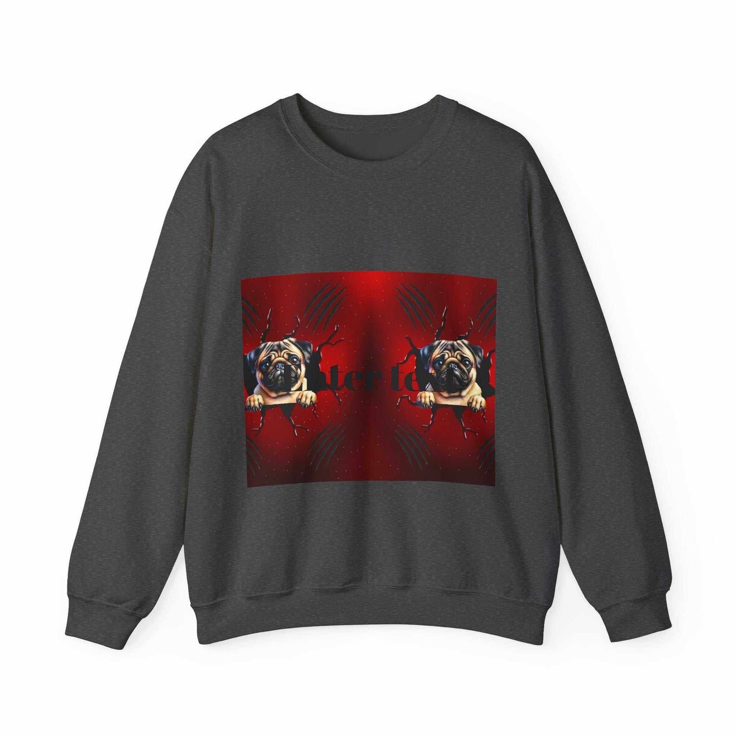 Pug dog sweatshirt with colorful pug design on front, casual and cozy for dog lovers.