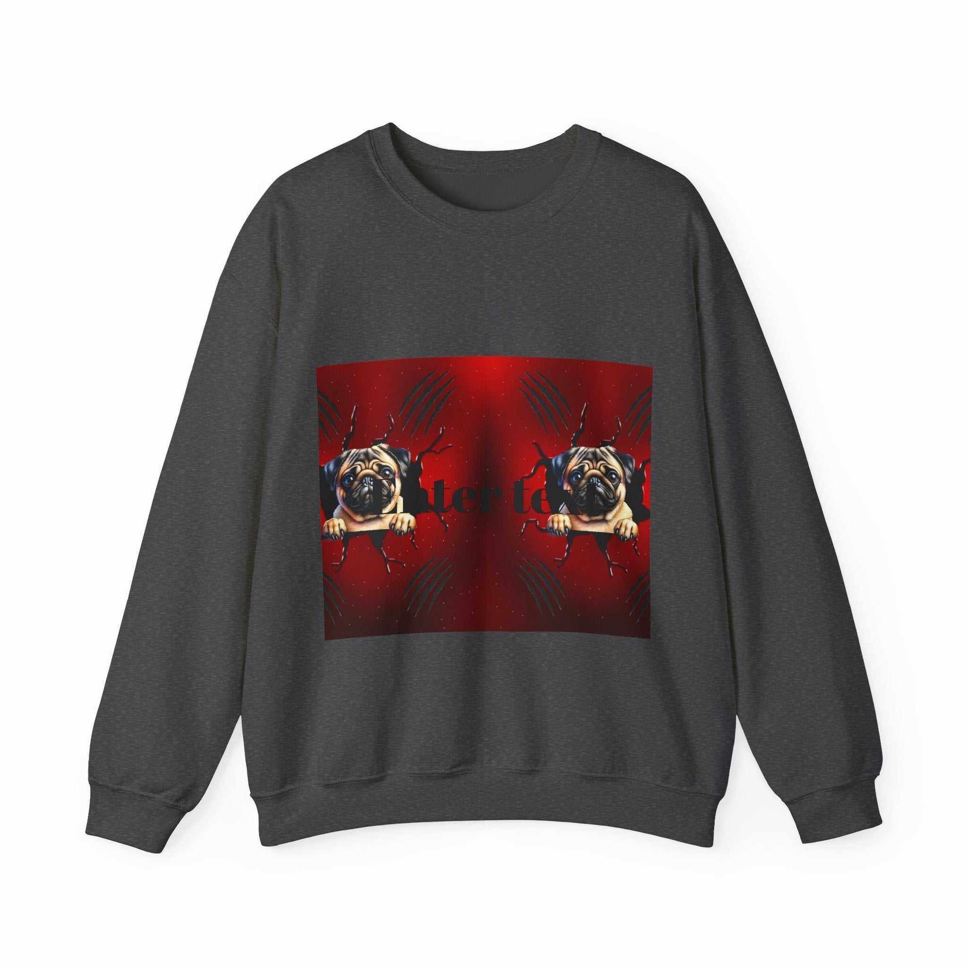 Pug dog sweatshirt with colorful pug design on front, casual and cozy for dog lovers.