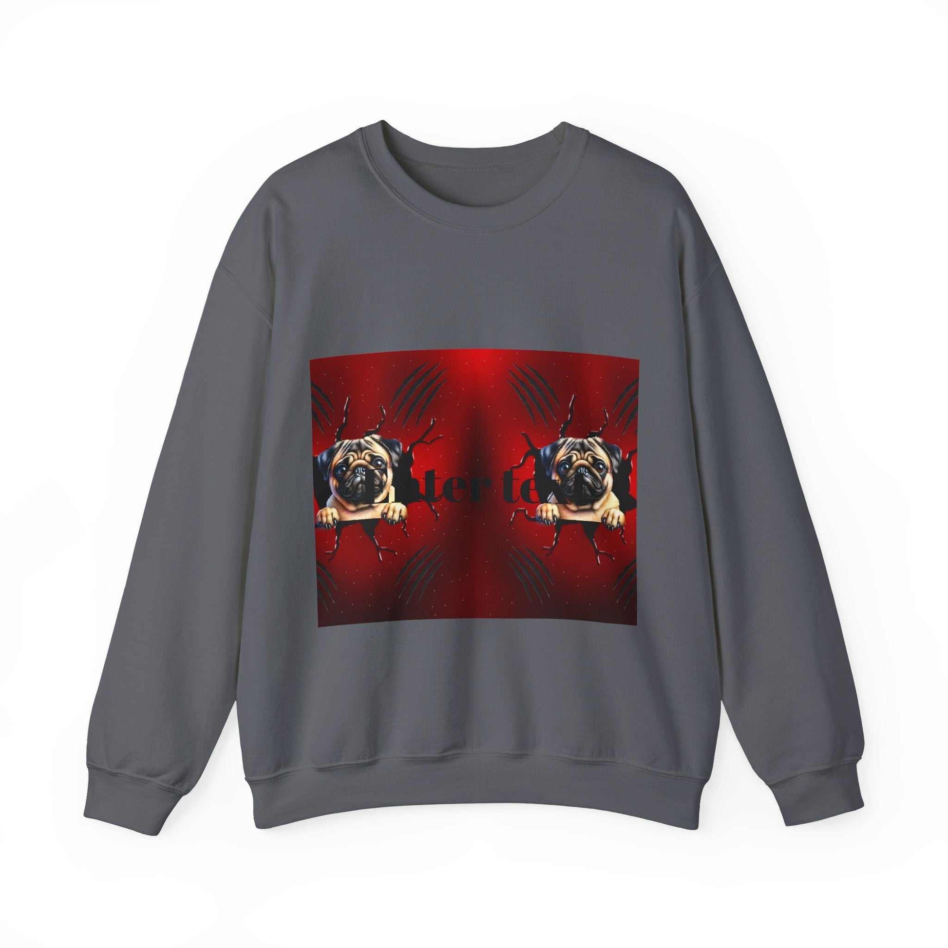 Cozy pug dog sweatshirt with playful design, ideal for dog lovers and casual wear.