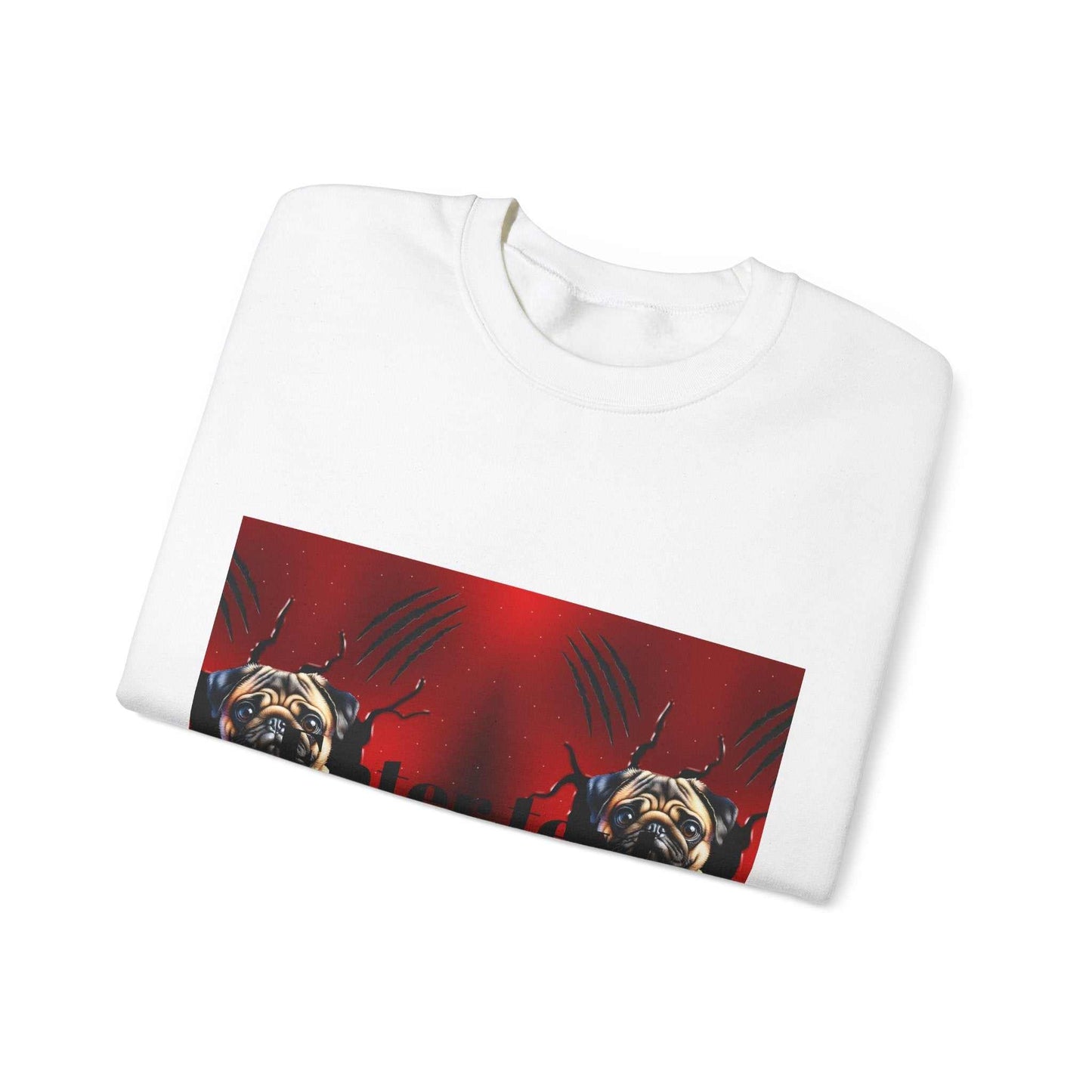 White pug dog sweatshirt with playful design, perfect for cozy and stylish casual wear.