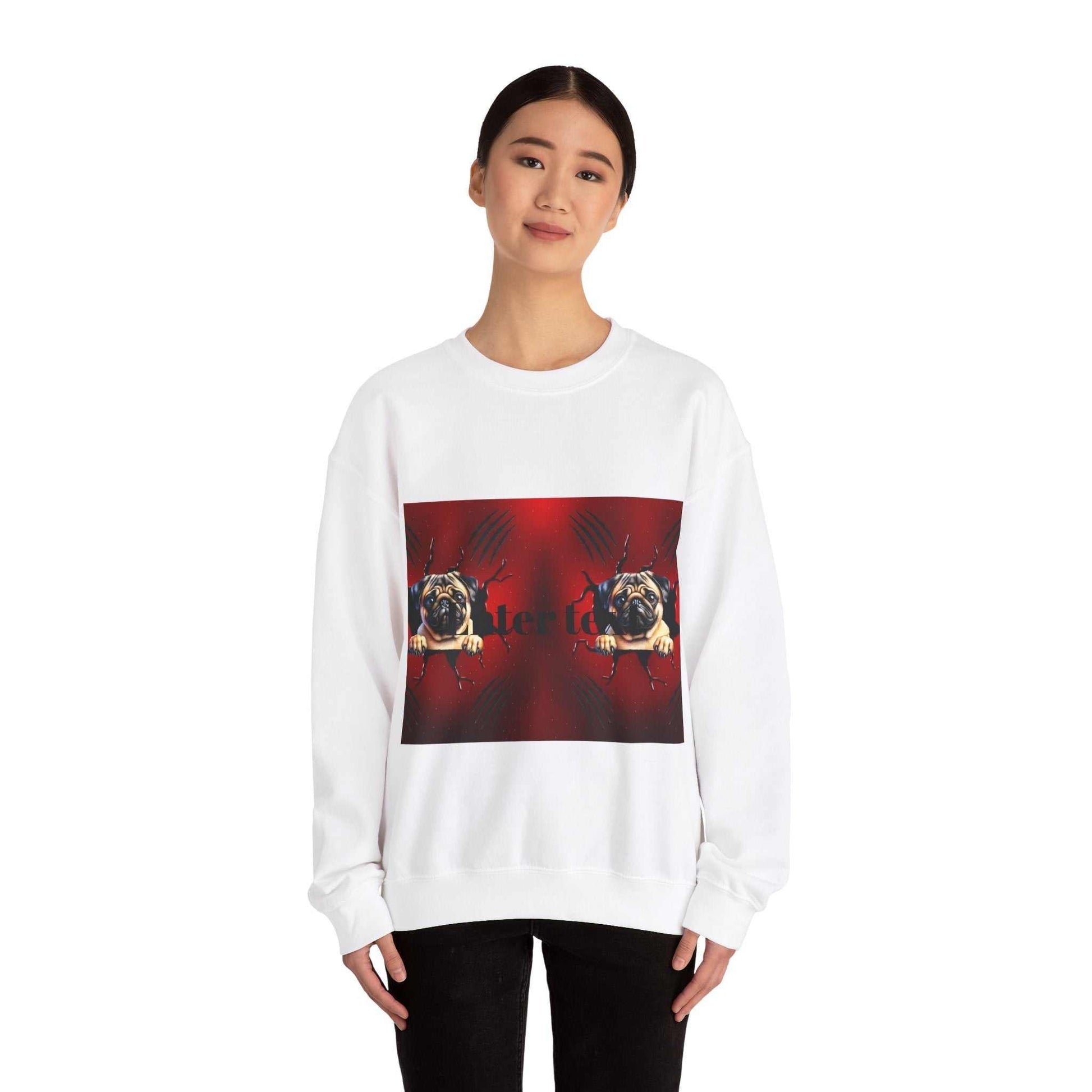 Pug dog sweatshirt on woman, red and black graphic design, cozy cotton-poly blend.