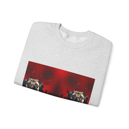 Gray sweatshirt featuring pug dog design on a red background, perfect for dog lovers.
