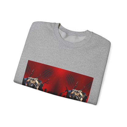 Gray pug dog sweatshirt with playful design, perfect for dog lovers.