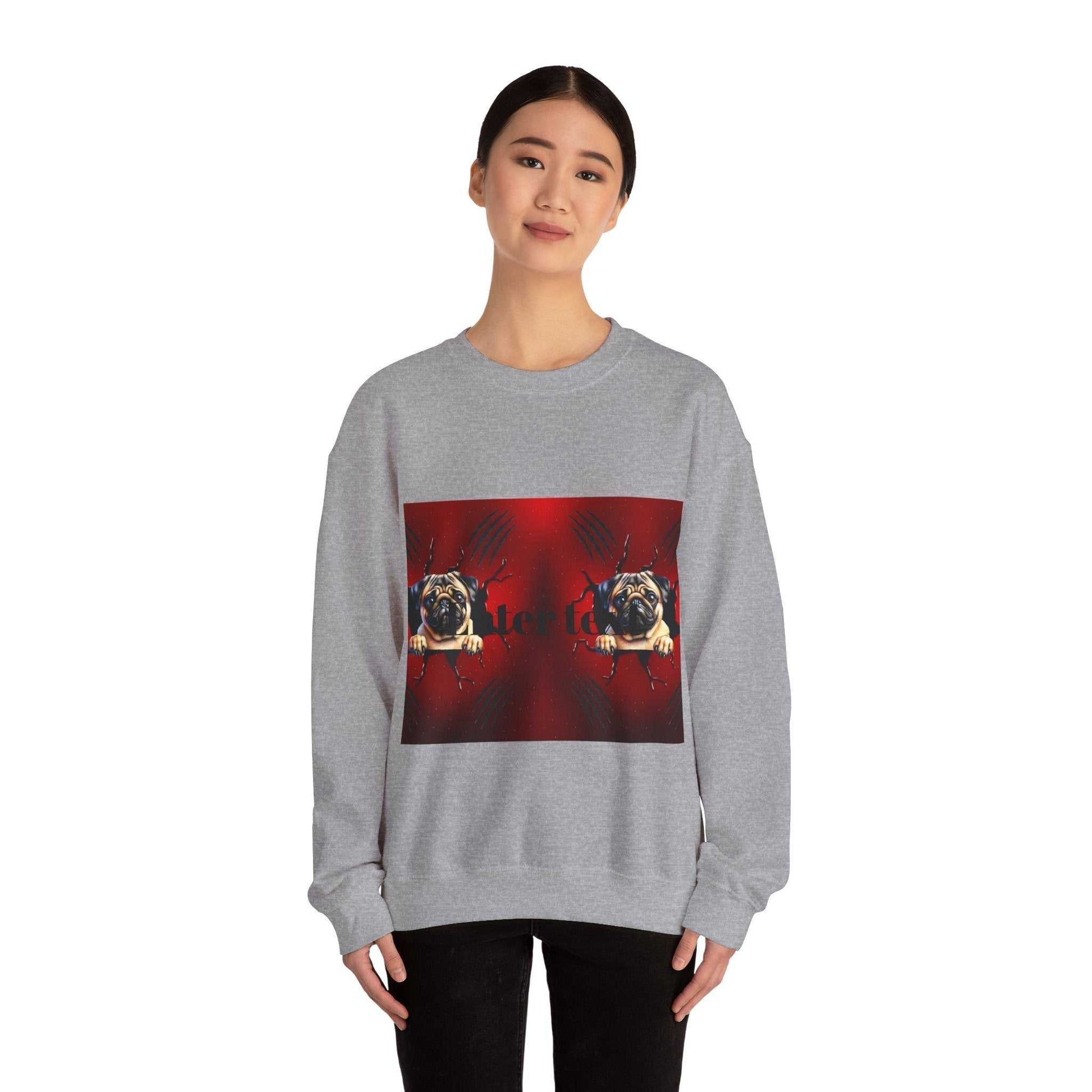 Pug dog sweatshirt featuring playful pug print on gray fabric, ideal for casual wear and colder months.