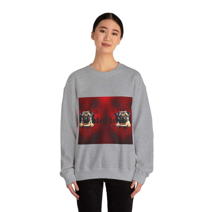 Pug dog sweatshirt featuring playful pug print on gray fabric, ideal for casual wear and colder months.