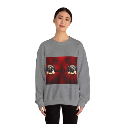 Pug dog sweatshirt with playful design on grey fabric, worn by a person.