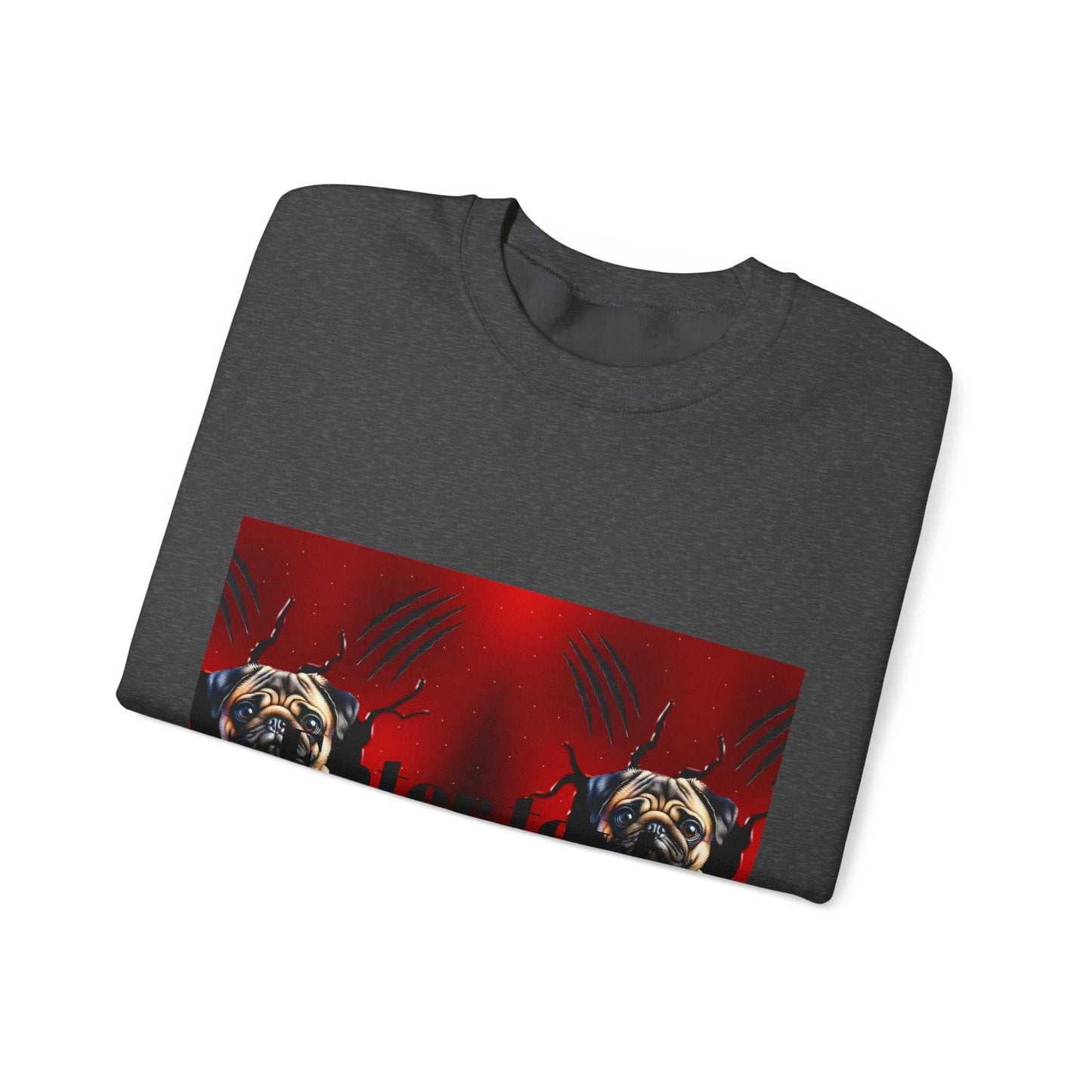 Gray pug dog sweatshirt with playful design on red background, folded neatly.