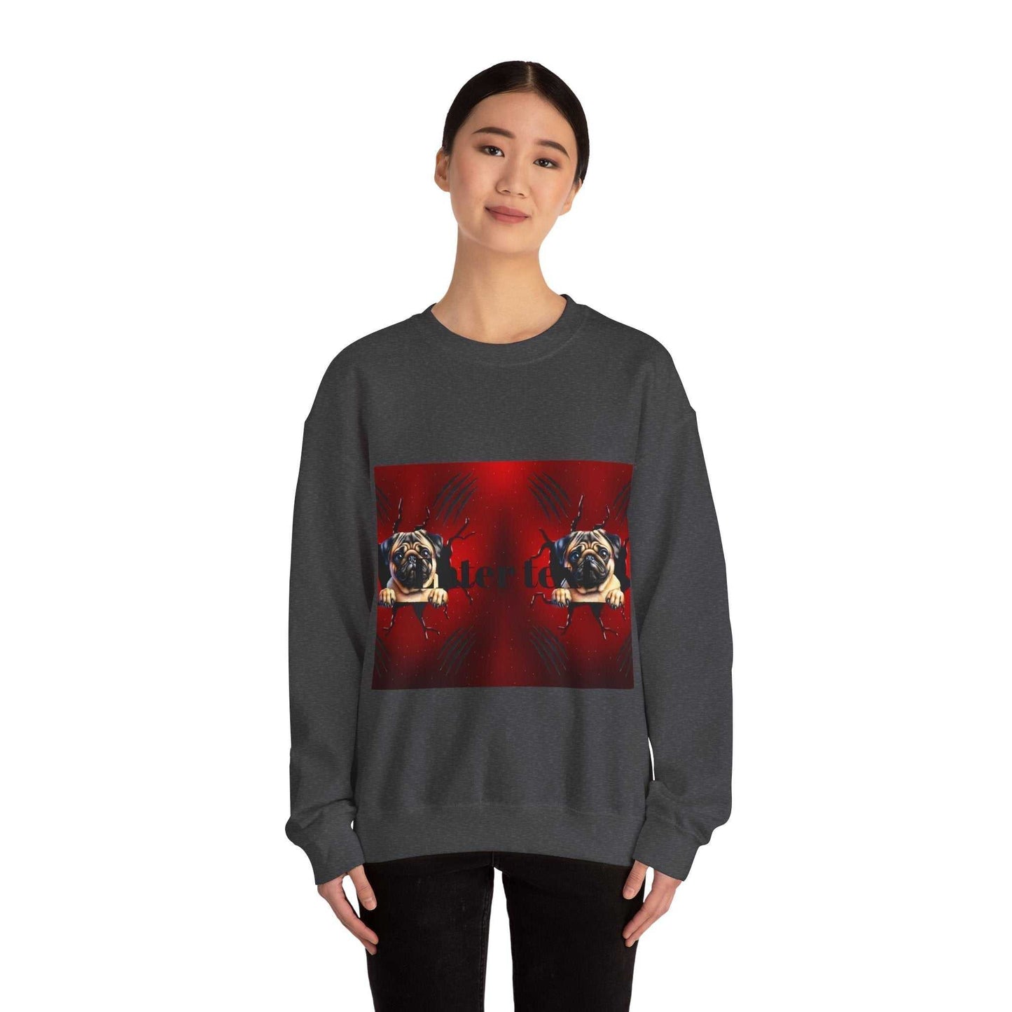 Cozy pug dog sweatshirt for animal lovers, featuring playful design and warm fabric.