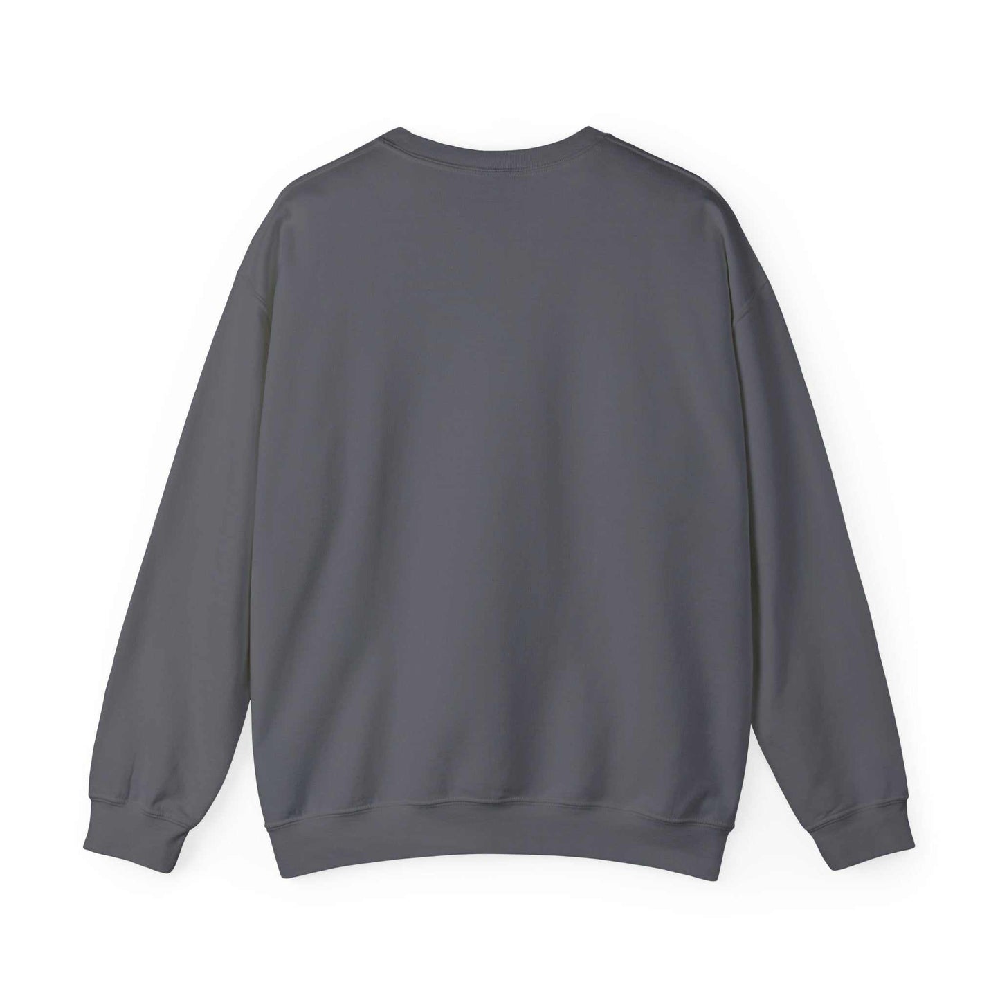 Gray pug dog sweatshirt, back view, featuring heavy blend fabric, ribbed knit collar, and comfort fit.