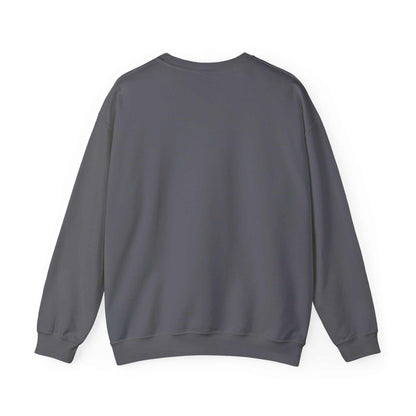 Gray pug dog sweatshirt, back view, featuring heavy blend fabric, ribbed knit collar, and comfort fit.