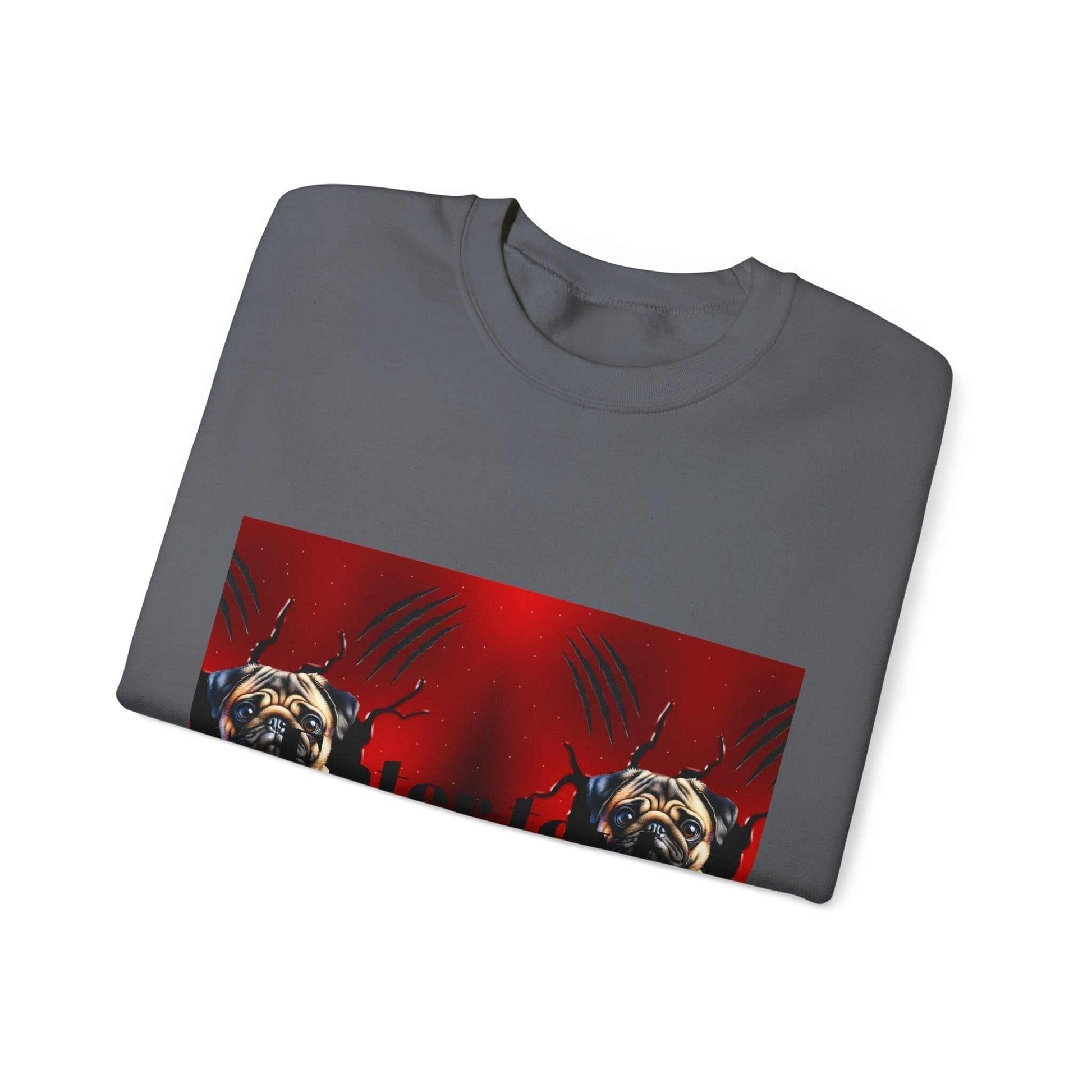 Gray pug dog sweatshirt with a playful design featuring pugs.
