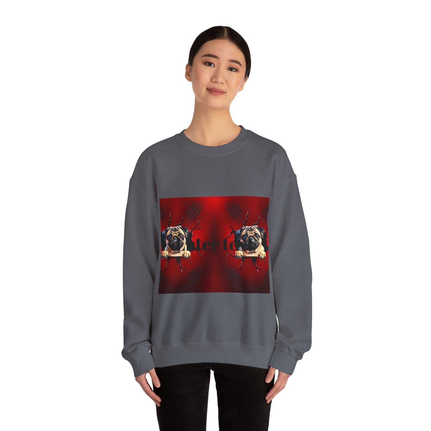 Pug dog sweatshirt with red graphic design worn by model