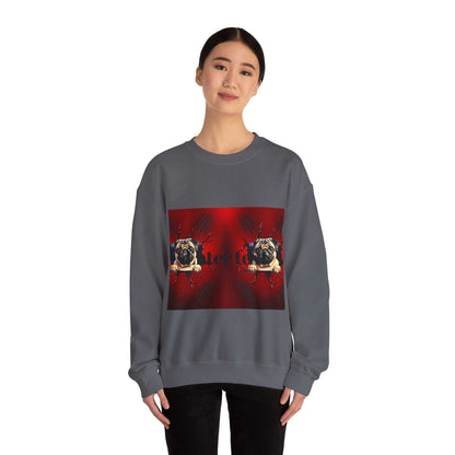 Pug dog sweatshirt with red graphic design worn by model