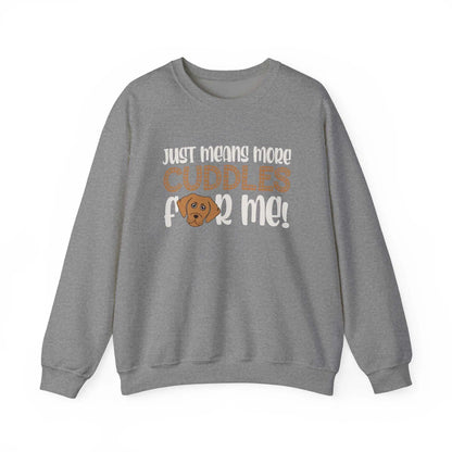 Unisex gray sweatshirt with "Cuddles For Me" and cute dog graphic, made from cotton-polyester blend.
