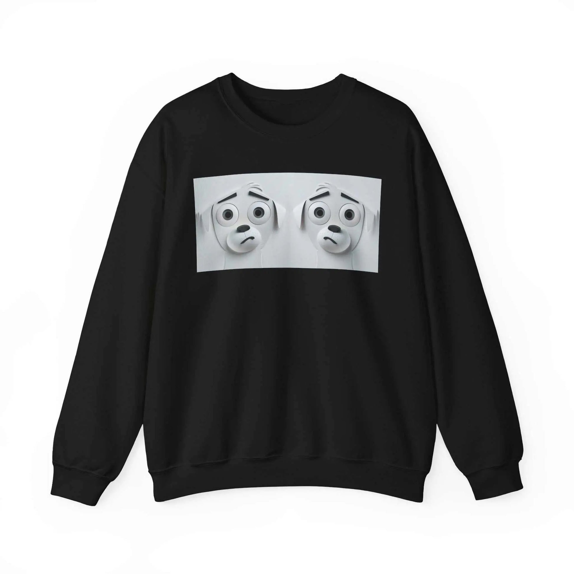 Black crewneck sweatshirt with a 3D sarcastic dog face design.