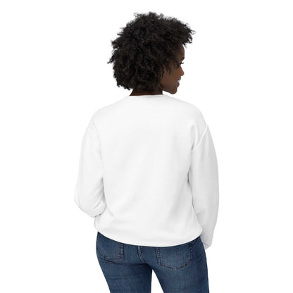 Unisex white crewneck sweatshirt shown from the back, perfect for Diamond Dog's Club members and dog lovers.