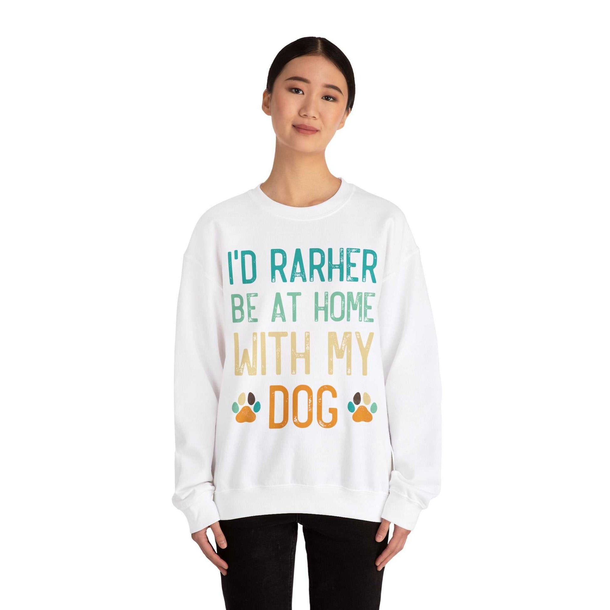 Unisex heavy blend crewneck sweatshirt with dog-themed text design, featuring ribbed knit collar and durable stitching for comfort and style.