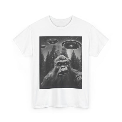 Bigfoot and flying saucers Unisex Heavy Cotton Tee - Size Variants ET - Toddcraft