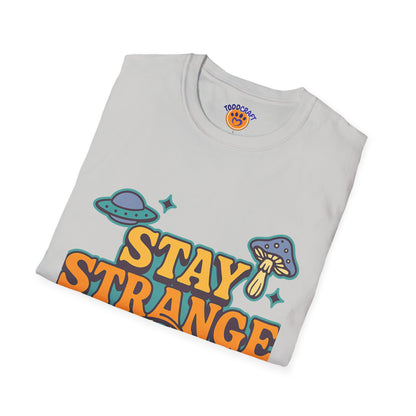 Unisex Softstyle T-Shirt, Stay Strange Graphic Tee, Casual Alien T-Shirt, UFO Lover Gift, Quirky Vintage Vibe Top - Toddcraft