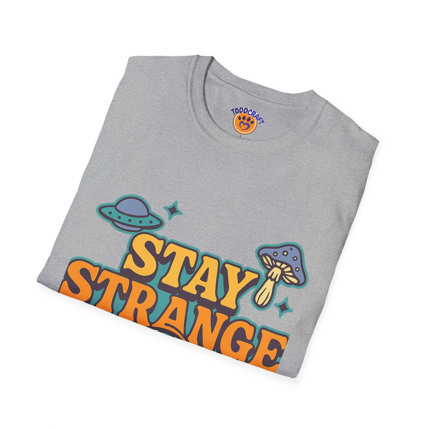 Unisex Softstyle T-Shirt, Stay Strange Graphic Tee, Casual Alien T-Shirt, UFO Lover Gift, Quirky Vintage Vibe Top - Toddcraft