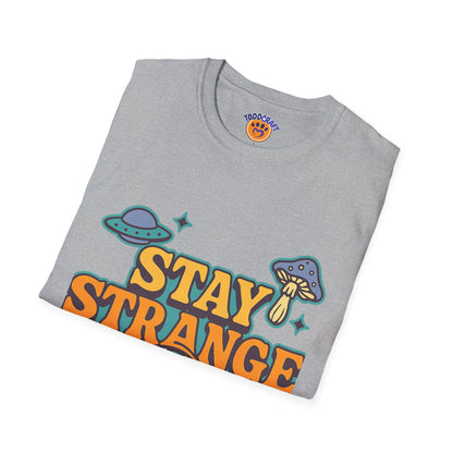 Unisex Softstyle T-Shirt, Stay Strange Graphic Tee, Casual Alien T-Shirt, UFO Lover Gift, Quirky Vintage Vibe Top - Toddcraft