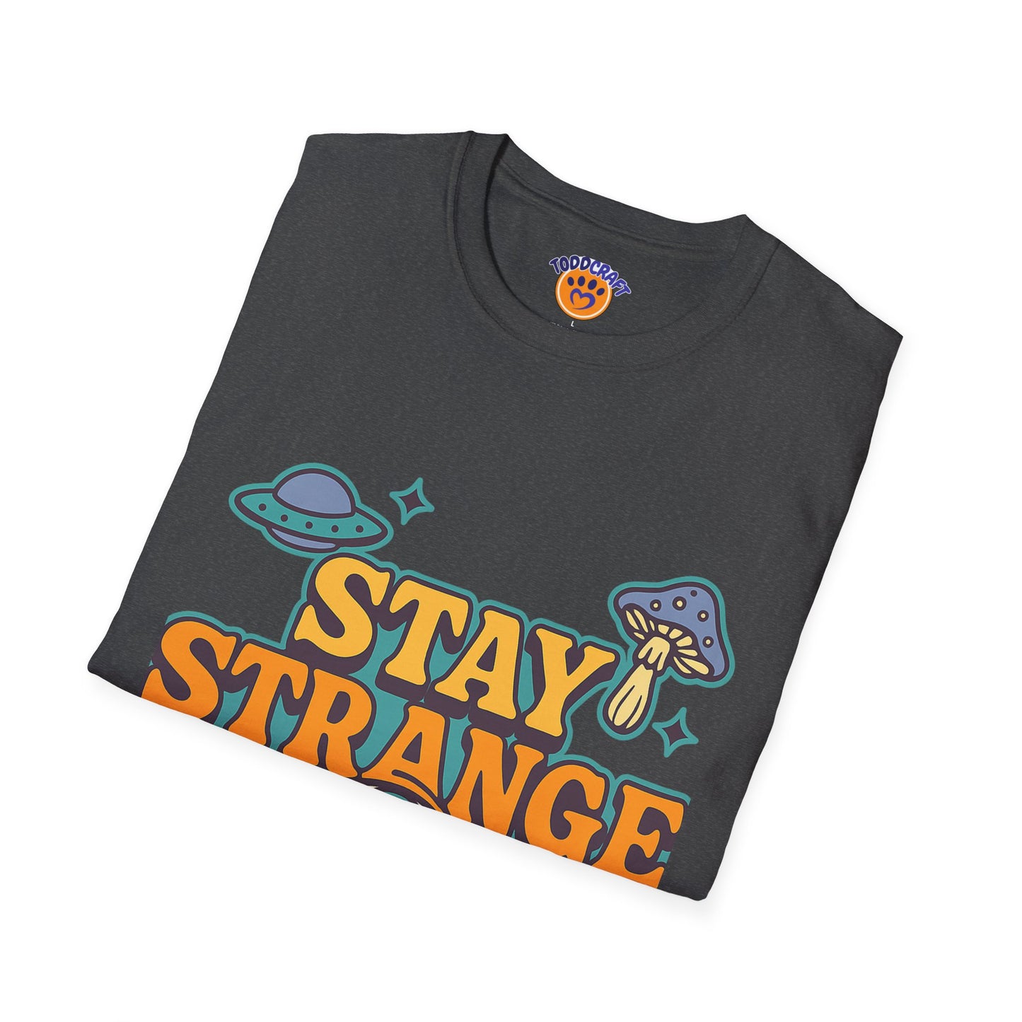 Unisex Softstyle T-Shirt, Stay Strange Graphic Tee, Casual Alien T-Shirt, UFO Lover Gift, Quirky Vintage Vibe Top - Toddcraft