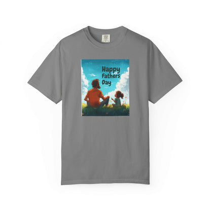 Unisex garment-dyed t-shirt in gray featuring "Happy Father's Day" design; made from 100% ring-spun cotton for comfort and durability; part of the Comfort Colors 1717 collection.