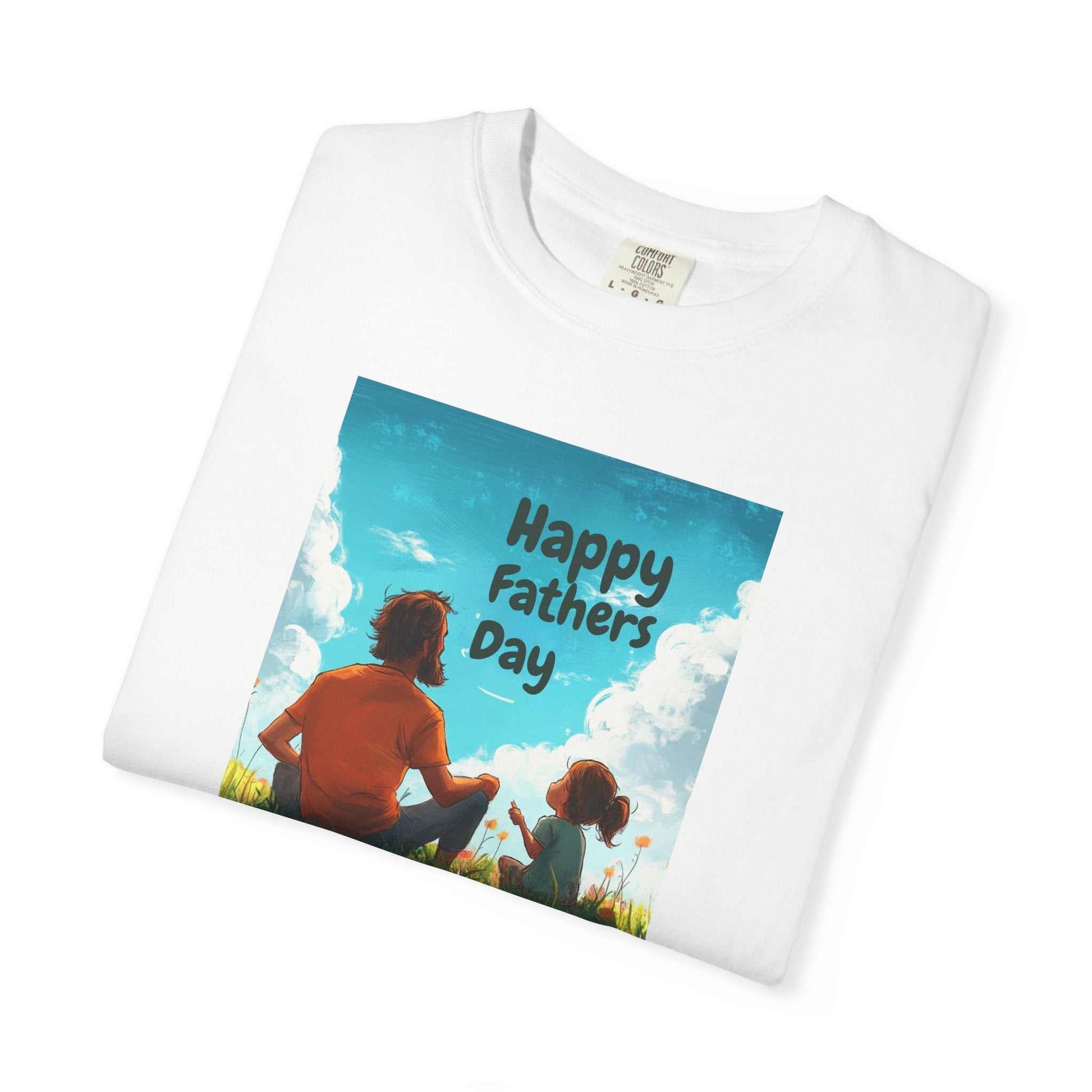 Unisex Garment-Dyed T-shirt by Comfort Colors 1717 with "Happy Father's Day" print, soft-washed cotton for comfort, relaxed fit, in white.