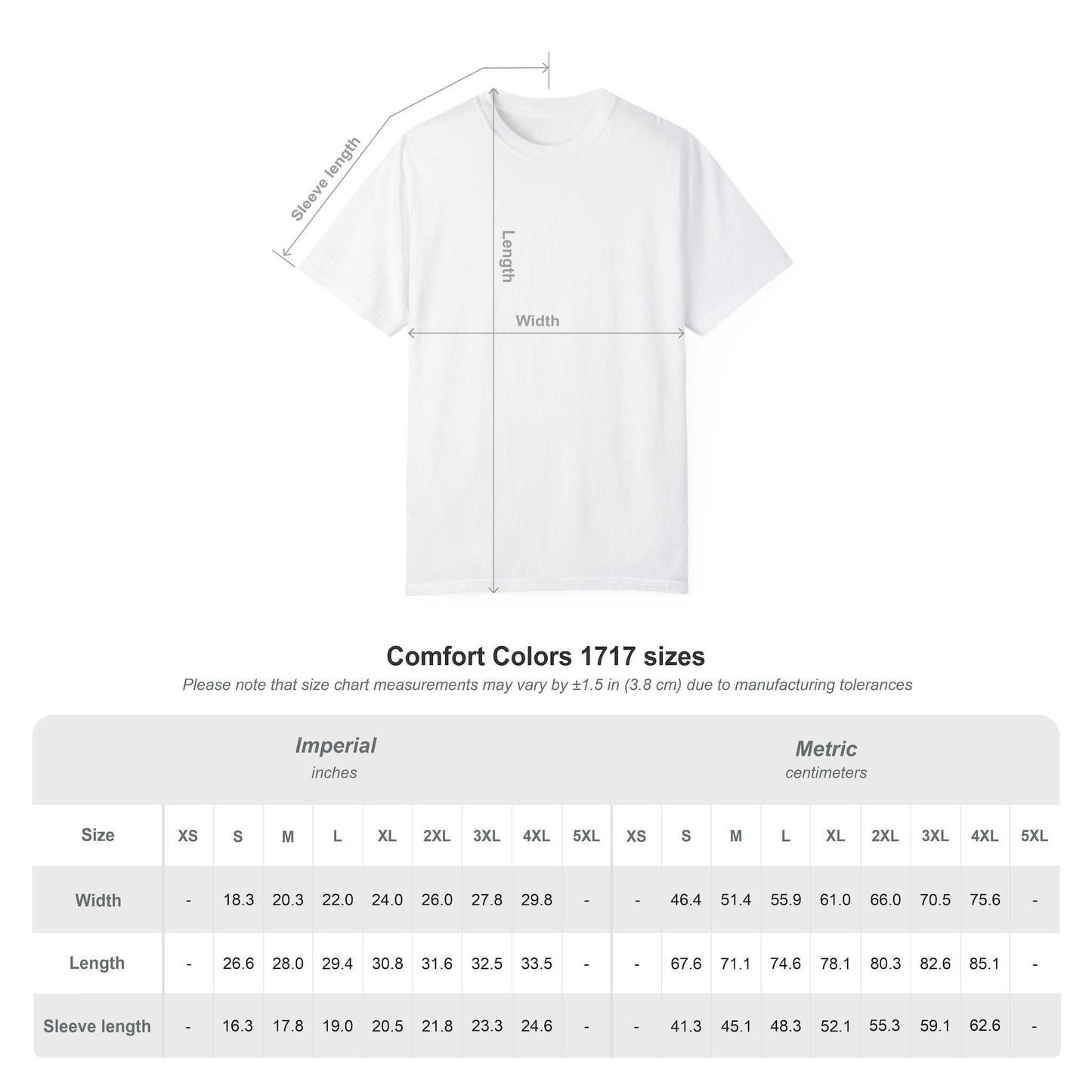 Comfort Colors 1717 size chart with t-shirt measurement guide and available sizes.